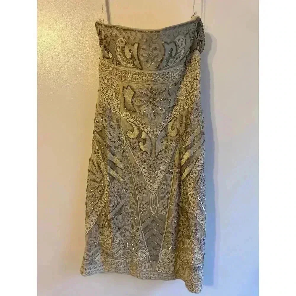 Sue Wong Nocturn Strapless Cocktail Beaded Soutache Mini Sheath Dress Beige 4 - Picture 5 of 10
